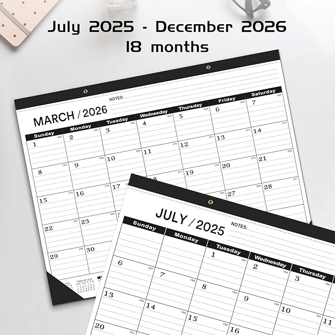 Desk Calendar 2025-2026 large 22 x17 (July 2025-December 2026) 2025-2026 Desk Calendar Large 22 x17,Classic Black Calendar 2025,Large Desktop Calendar 2026 with Plastic Cover