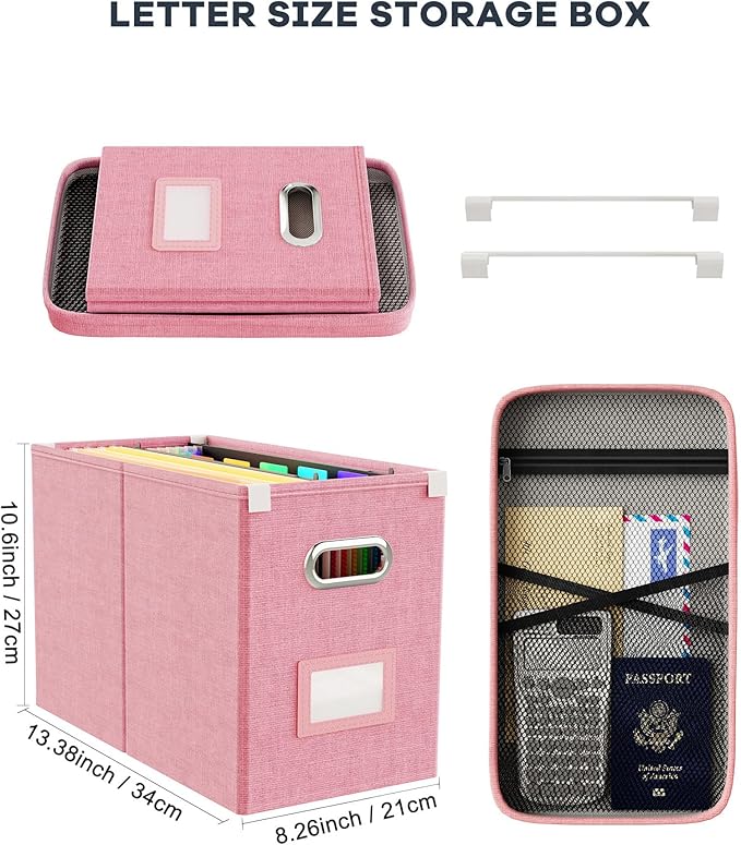 Oterri File Organizer With Lid, Hanging Filing Box With Mesh Pocket, Document Organizer for Letter Files, Portable Storage With Smooth Sliding Rail for Office & Home (2 PCS, Pink)