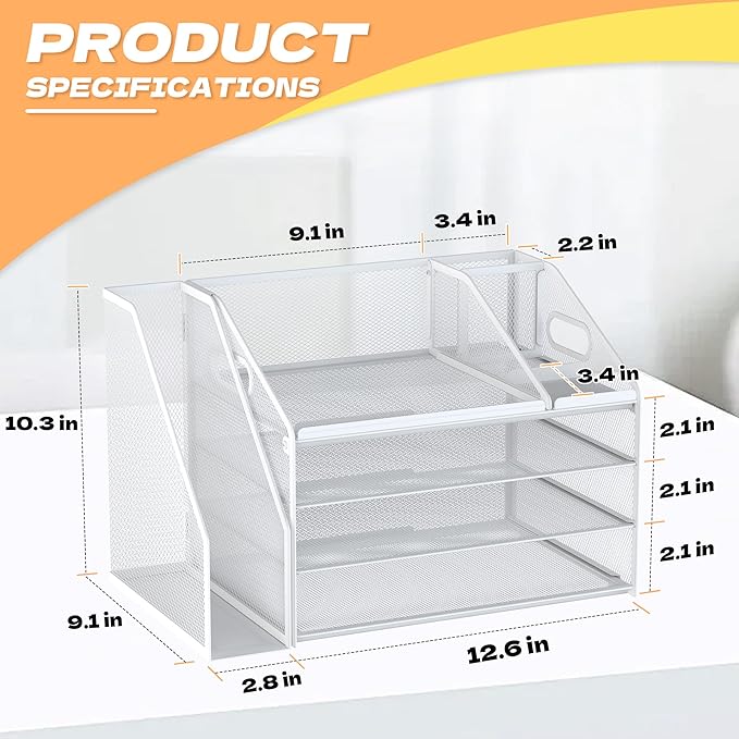 DocNest 4 Tier Paper Letter Tray File Organizer, Mesh Desk File with Handle, Workspace Desk Organizers with Pen Holder, Office Organization Storage Accessories - White