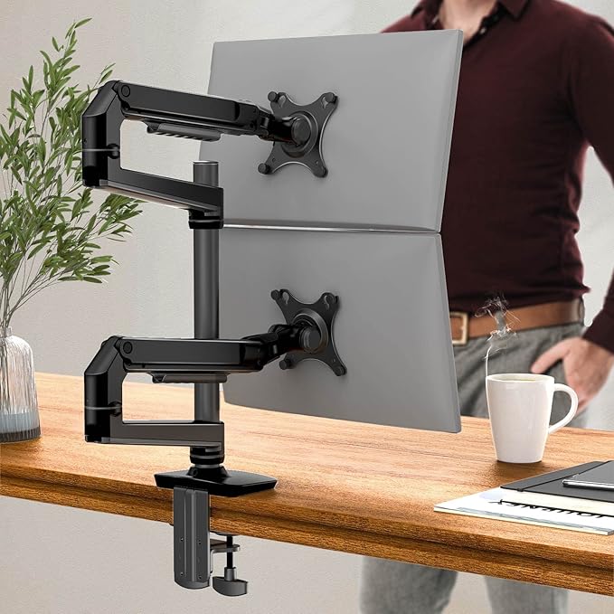 Dual Monitor Mount, Holds Screens up to 40 Inches and 25 lbs, Fully Adjustable Dual Monitor Arm with C-Clamp and Grommet Base, Aluminum, Black