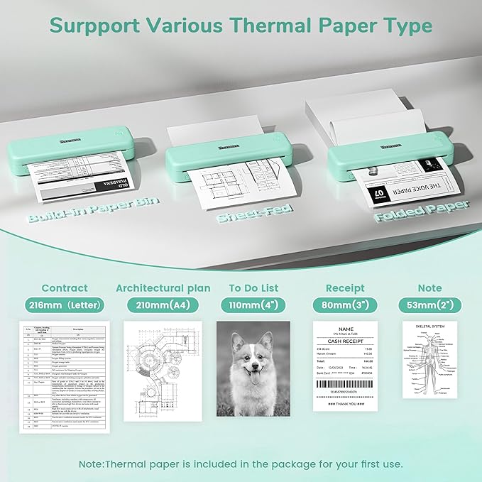 Phomemo Portable Printers Wireless for Travel,M834 Bluetooth Thermal Printer 8.5" x 11"& A4 Size,Inkless Mobile Printer with Carry Case for Travel,Office,School,Car,Home,Green