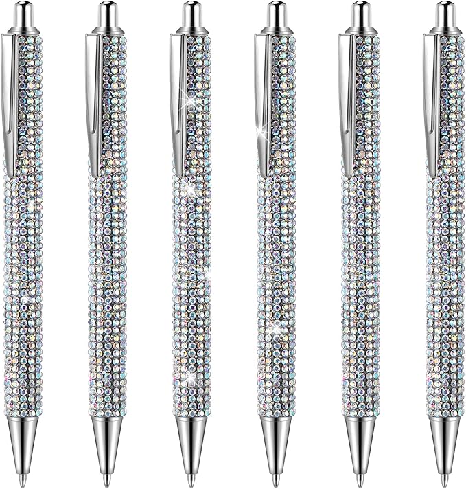 Jeyiour 6 Pcs Bling Pen Cute Diamond Wedding Rhinestones Gift Metal Ballpoint Fancy Sparkly Crystal Retractable Black Ink Pen for Women Office Birthday 0.7mm(Colorful Silver, Silver)