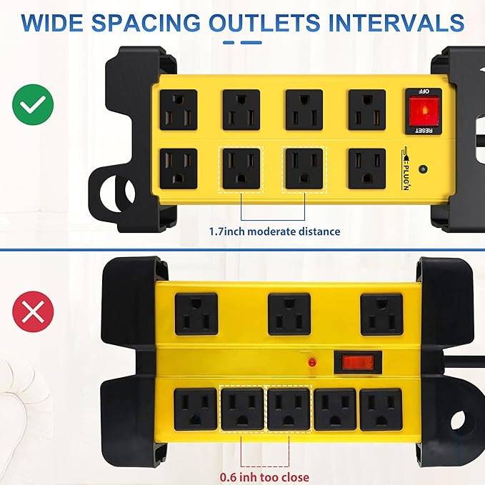 Plug'n 8 Outlet Heavy Duty Power Strip,Wide Spacing,Workshop Surge Protector 2700J with 6FT Extension Cord,Industrial Metal Power Strip 15Amp,Yellow Wall Mount Power for Garage,Office