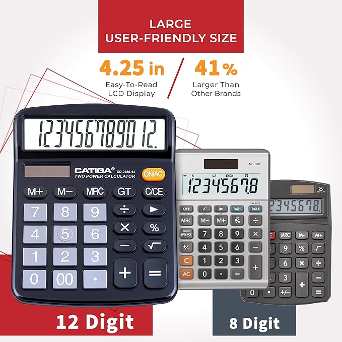 CATIGA Desktop Calculator (2 Pack) 12 Digit with Large LCD Display and Sensitive Button, Solar and Battery Dual Power, Standard Function for Office, Home, School, CD-2786 (2 Black)