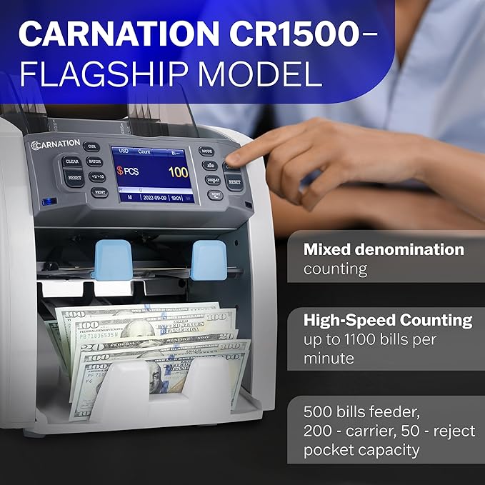 CARNATION Multi-Currency Bill Counter and Sorter with Counterfeit Detection - Money Counter Machine with MG, IR, MT, UV & CIS Image Recognition