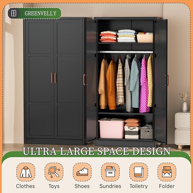 Greenvelly Metal Wardrobe Cabinet with Wooden Handle, 72" Black Metal Wardrobe Closet with Hanging Rods and Adjustable Shelves, Clothing Storage Closet Cabinet for Home, Office, Employee, Gym