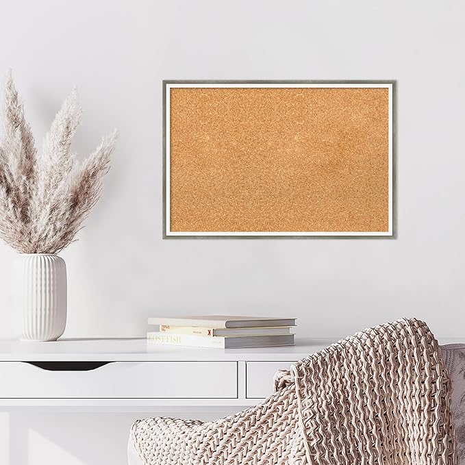 Amanti Art Natural Cork Board for Wall, 17x25 Vision Board with Silver Wood Frame, Medium Corkboard Office Decor for Home Organization, Modern Contemporary Corkboard Pinboard to display items for home