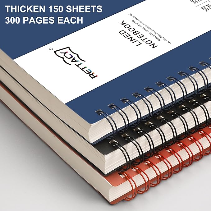 RETTACY Spiral College Ruled Notebook, 300 Pages, A4 Large Size (8.2" x 11.2"), for School, Work, Writing, Journaling, 100 GSM Thick Paper, Flexible Plastic Cover (Navy Blue)