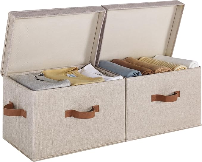 StorageWorks Fabric Storage Bins with Lid, Decorative Storage Boxes for Shelves, Stackable Closet Organizer Basket with Handles, Large, Brown and Beige, 2-Pack