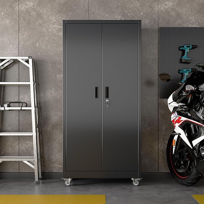 Aobabo Upgraded Garage Storage Cabinets with Wheels,Metal Storage Cabinets with 5 Adjustable Shelves for Garage Home Office Storage, Black,71''H*34''W*18''D,Assembly Required