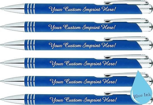 ExpressDesigns™ - Blue Ink Personalized Pens Rubberized - The Cameron - Custom Printed Name Pens - Imprinted with Logo or Message - Includes Personalization - 6 Pack (Blue)