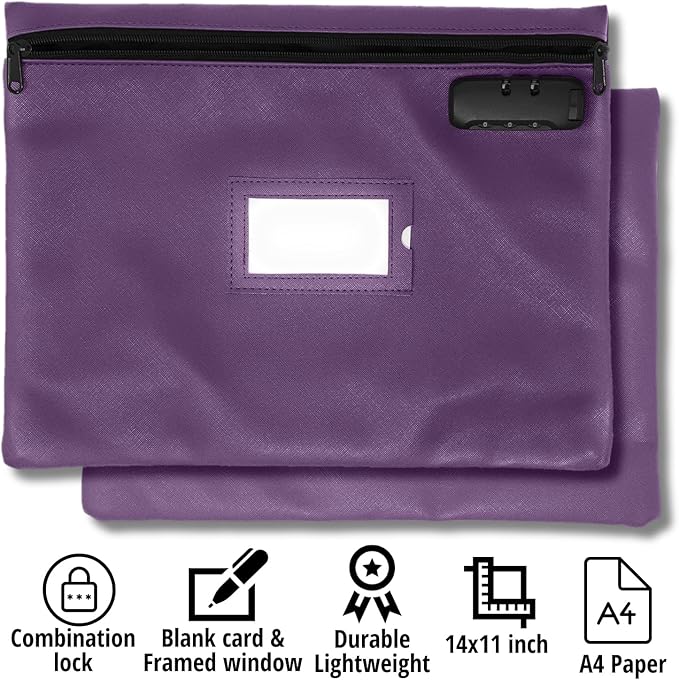 Notary Bag with Lock | 14x11 inch | Purple | Zipper Notary Supplies Bag | Locking Notary Bag for Notary Kit, Stamp, Embosser, Ink Pad, and Valuables | Locking Document Bag | Journal Carrying Case