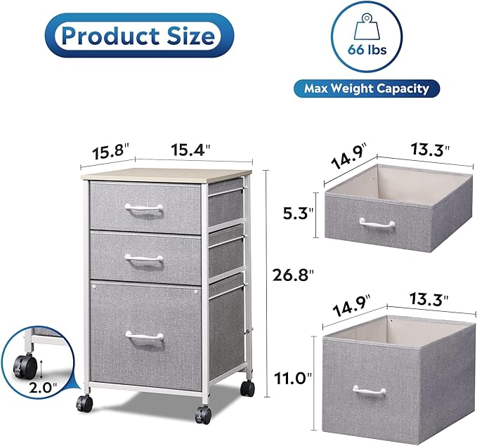 DEVAISE Mobile File Cabinet, Rolling Printer Stand with 3 Drawers, Fabric Vertical Filing Cabinet fits A4 or Letter Size for Home Office, Light Grey