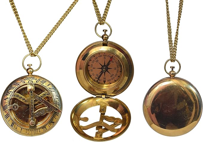 Vintage Brass Sundial Compass with Leather Case - Antique Brass & Copper Sun Clock for Camping, Hiking, Touring - Engraved Gift for Him - Nautical Ship Replica Watch - Sundial Clock in Box