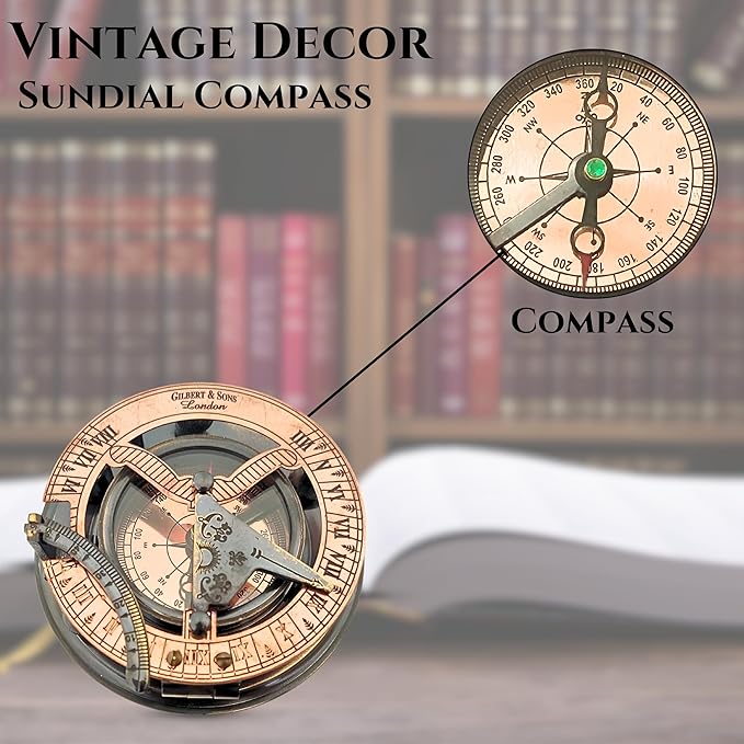 Antique Brass & Copper Sundial Compass, Sundial Clock in Box Gift Sun Clock Ship Replica Watch, Nautical Gifts for Men, Unique Nautical Decor, Naval Maritime Sundial (#5 Antique Gilbert)