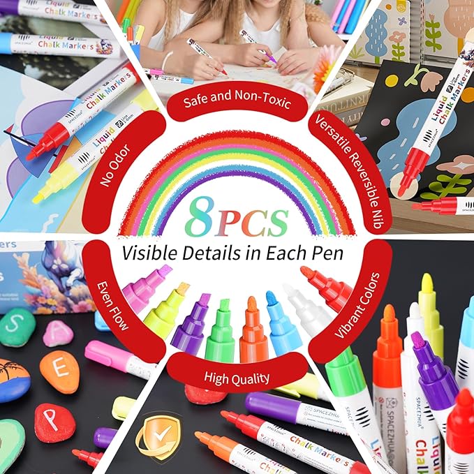 Chalk Markers for Blackboard 8 Vibrant Colors, 6mm Reversible Bullet & Chisel Tips, Chalk Pens Wet & Dry Erasable Markers for Whiteboard, Chalkboard, Calendar, Windows, Glass, Signs