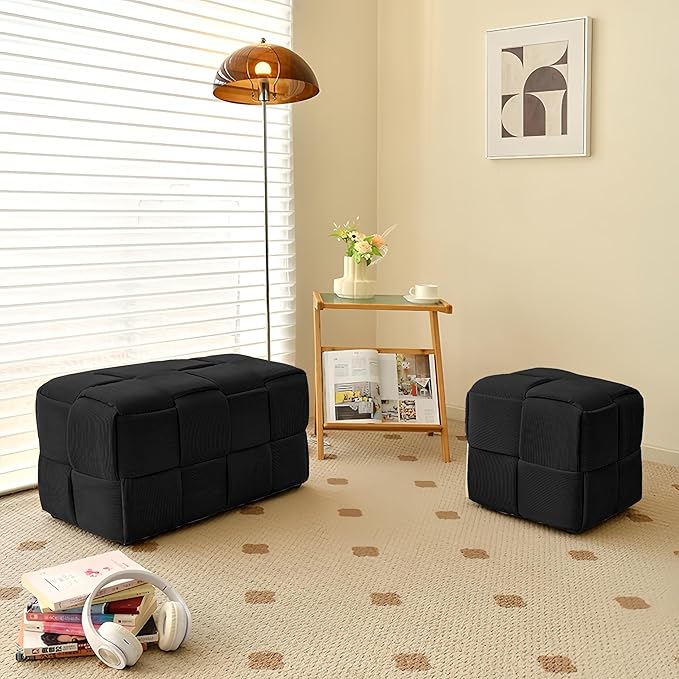 Ottoman Foot Rest Soft and Comfortable Ottoman Square Corduroy Woven Design Sofa Stool (Black-L)
