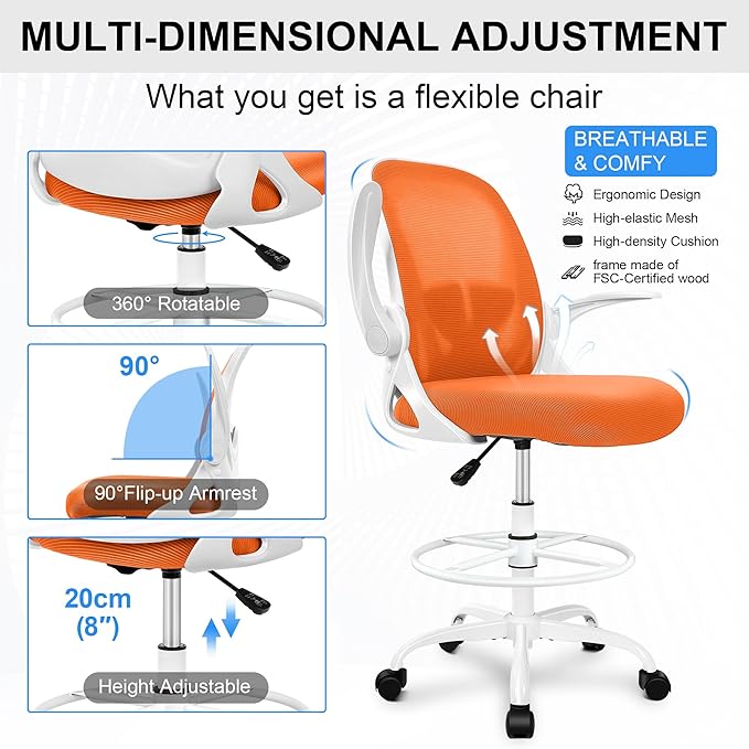 Primy Drafting Chair Tall Office Chair with Flip-up Armrests Executive Ergonomic Computer Standing Desk Chair with Lumbar Support and Adjustable Footrest Ring (Sunset Orange)