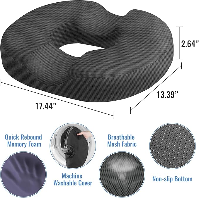 CloudBliss Donut Pillow Seat Cushion for Tailbone Pain Relief and Hemorrhoids, Memory Foam Chair Cushion for Postpartum Pregnancy, Seat Cushions for Men and Women for Home & Office, (Grey)