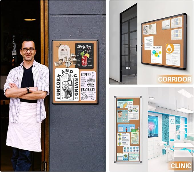 SWANCROWN Enclose Bulletin Board Case Big School Cork Pin Noticeboards Secure Cabinet for Message Guide 38x38inches (12xA4)