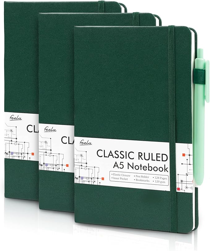 feela 3 Pack Notebooks Journals Bulk with 3 Black Pens, A5 Hardcover Notebook Classic Ruled Lined Journal Set with Pen Holder for Work Business Journaling Note Taking, 120 GSM, 5.1”x8.3”, Dark Green