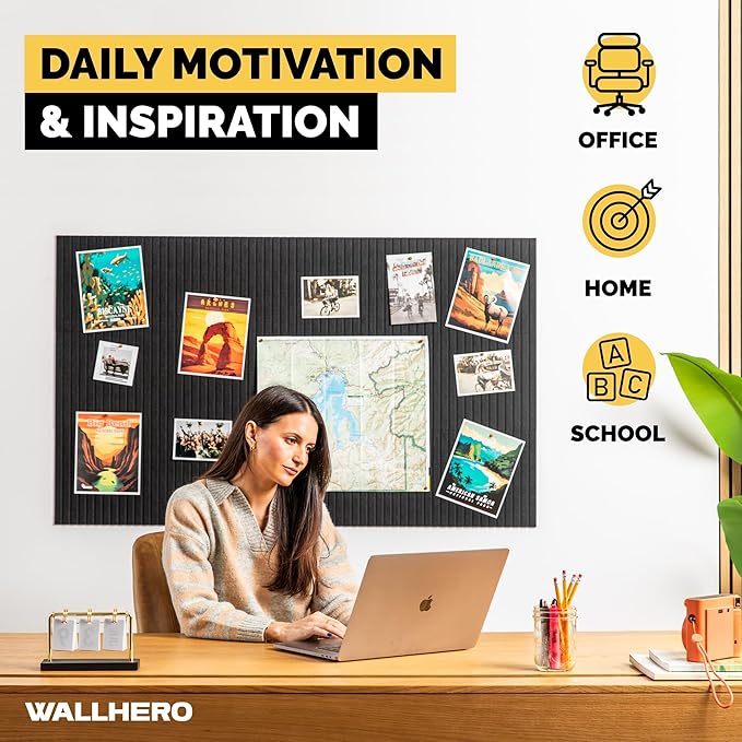 Large Bulletin Board, Tack Board, 59"x36" | 15 Pack | Wall Pin Board, Cork Board Alternative for Walls, Tablero de Corcho para Pared, Cord Board for Wall (Black Slats)