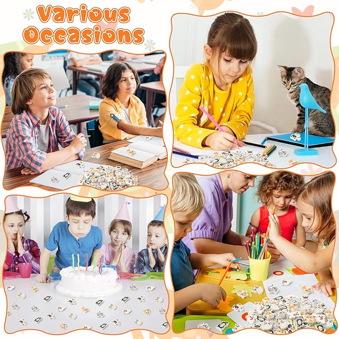 ANGOLIO 60Pcs Cute Cat Erasers Back to School Gifts for Kids Animal Pencil Top Erasers Mini Kawaii Cartoon 3D Desk Pet for Classroom Activities Rewards Game Prizes Birthday Party Supplies, 6 Styles