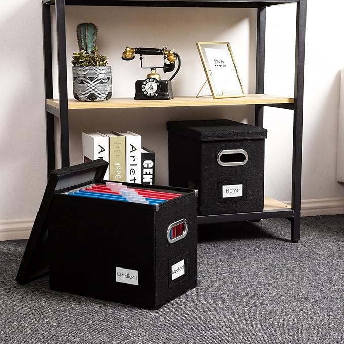 PRANDOM File Organizer Box - Set of 2 Collapsible Decorative Linen Filing Storage Hanging File Folders with Lids Office Cabinet Letter Size Black (14x9.3x10.8 inch)