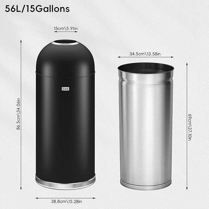 EKO Eternal 56L/15 Gallon Large Capacity Tall Commercial Trash Can, Round Open Top Waste Bin for Indoor and Outdoor, Black Steel Heavy-Duty, Durable Metal Garbage Bin for Home, Office, Restaurant