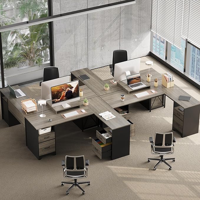 Bestier L Shaped Desk with 4 Drawers, 63" x 47" Executive Desk with Open Storage & Monitor Stand, Corner Desk with 2 File Drawers & Modesty Panel for Home Office, Gray