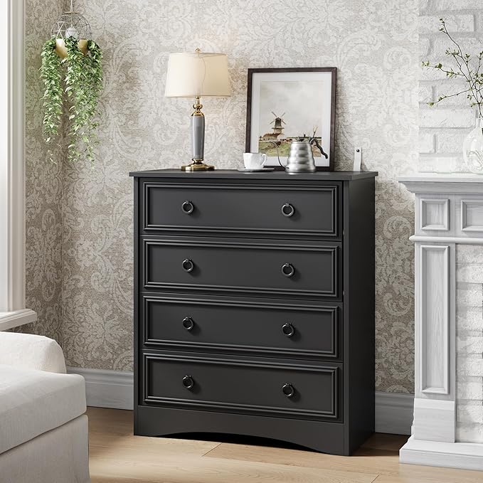 LGHM Modern 4 Drawer Dresser, Tall Dressers for Bedroom, Chest of Drawers Closet Organizers and Storage for Clothes - Easy Pull Handle, Textured Borders Drawers for Living Room, Hallway, Black