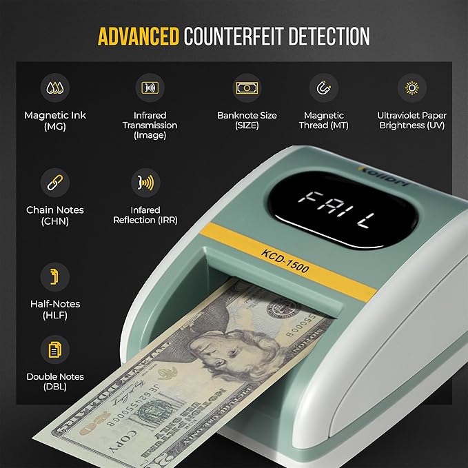 Kolibri KCD-1500 4-Way Orientation USD Counterfeit Money Detector and Bill Value Reader with UV, MG and IR Detection for Small Businesses (Battery not Included)