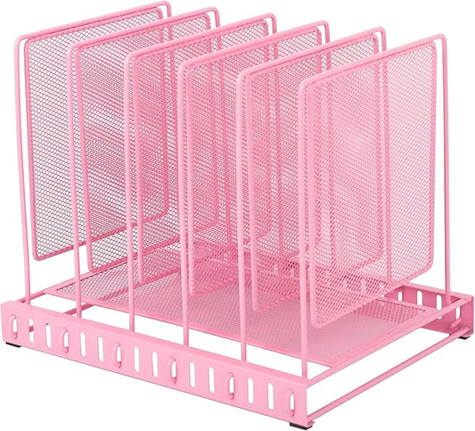 EASEPRES 5 Section Vertical Metal Mesh Desk File Organizer, Spacing Adjustable Upright Desktop Paper Mail Document Magazine Sorter Folder Holder for Workspace Office School Home, Pink