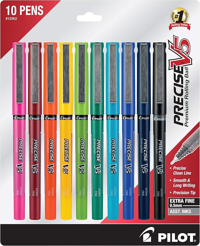 Pilot, Precise V5, Capped Liquid Ink Rolling Ball Pens, Extra Fine Point 0.5 mm, Assorted Colors, Pack of 10