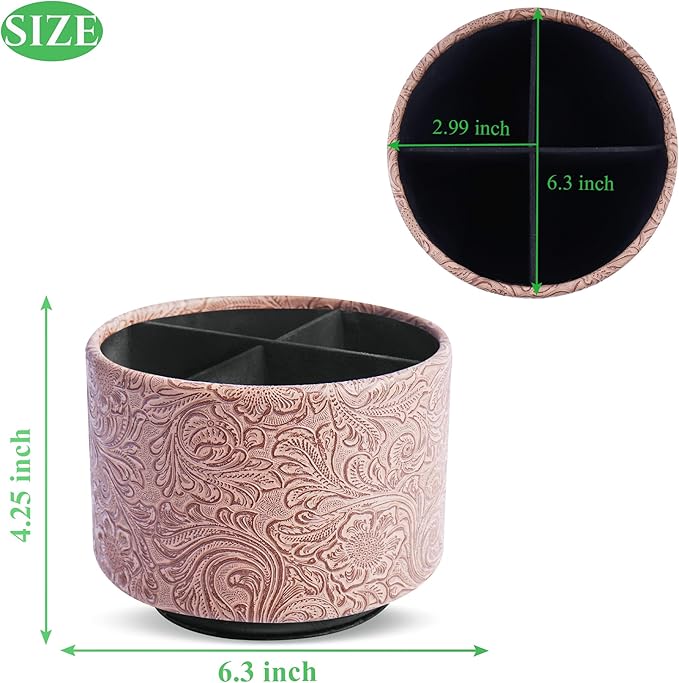 lizimandu Round Leather Art Supply Organizer,Remote Control Holder,360 Degree Spinning,Multi-Functional Pencil Holder,4 Compartments Desktop Stationary Organizer(1-Carved Wood Beige)