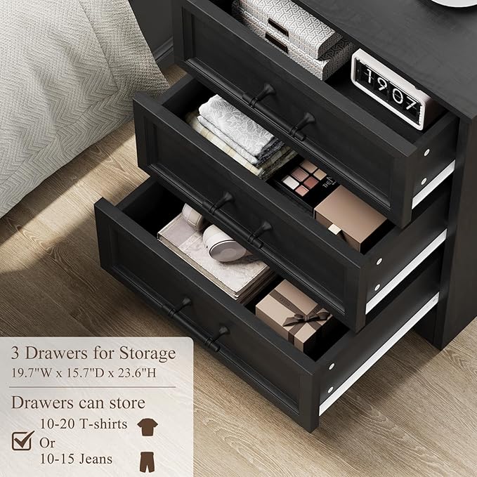Black Nightstand with Charging Station, 19.7" Farmhouse End Table with 3 Drawers Storage, Bedside Table with Brushed Metal Handles, Unique Base Design, 3 Drawer Dresser for Bedroom, Living Room
