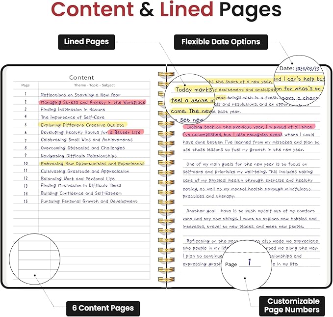 Taja Lined Spiral Journal Notebook for Work, 6 Pack, 140 Pages, College Ruled Hardcover Notebook Journal for Women, 6 Pcs, Journals for Writing, A5(6"x8") - Black