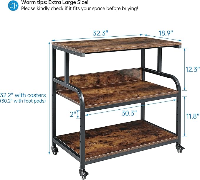 32.3" Wide Extra Large Printer Stand, 3 Tier Printer Table with Adjustable Storage Shelf, Rolling Printer Cart with Industrial Wheels for Home Office, Rustic Brown