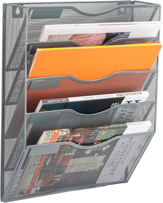 EASEPRES 5 Pocket Mesh Hanging Wall File Organizer, Wall Mounted Mail Paper Document Folder Holder, Clipboard Storage Organization Magazine Rack with Nametag Label for Office Home School, Gray