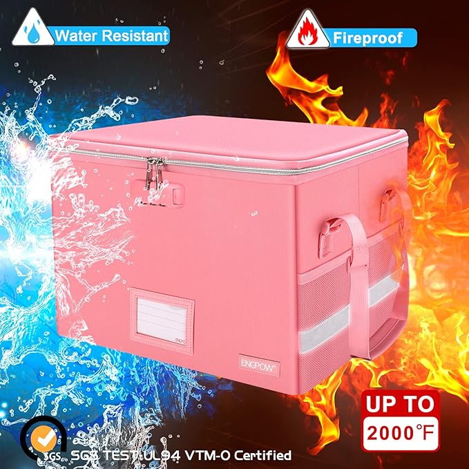 ENGPOW File Box with Lock, Fireproof Document Box with Zipper＆Pockets, Collapsible File Organizer Filing Storage Cabinet with Handle, Portable Home Office Safe for Hanging Letter/Legal Folder, Pink