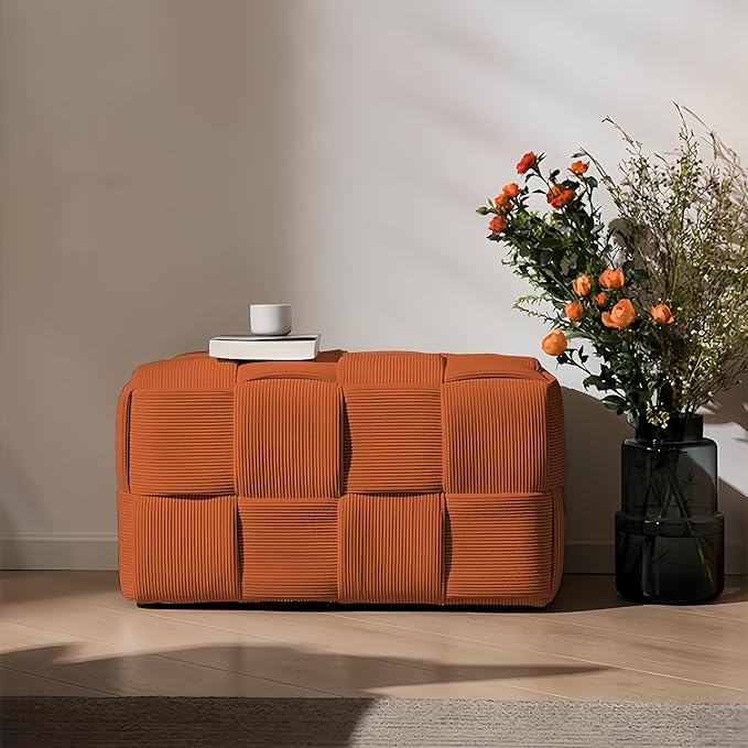 Ottoman Foot Rest Soft and Comfortable Ottoman Square Corduroy Woven Design Sofa Stool (Orange-L)