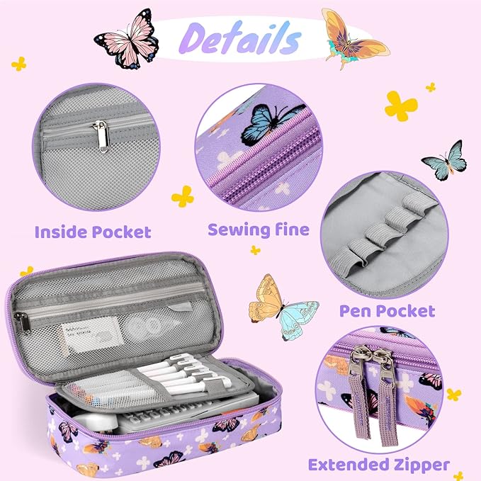Choco Mocha Butterfly Pencil Case for Girls, Soft Pencil Case Kids Pencils Pouch for Kindergarten Girls, Purple