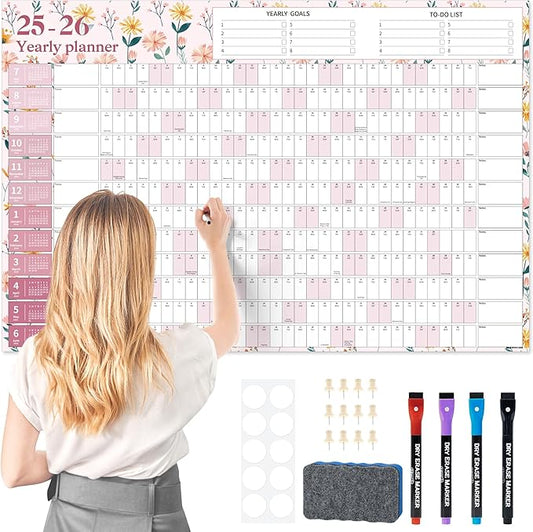 Ospelelf Calendar 2025-2026 Large Dry Erase Wall Calendar 32'' x 48'', 12 Month Laminated Calendar for Classroom, Family, Use July 2025 - June 2026 (Floral)