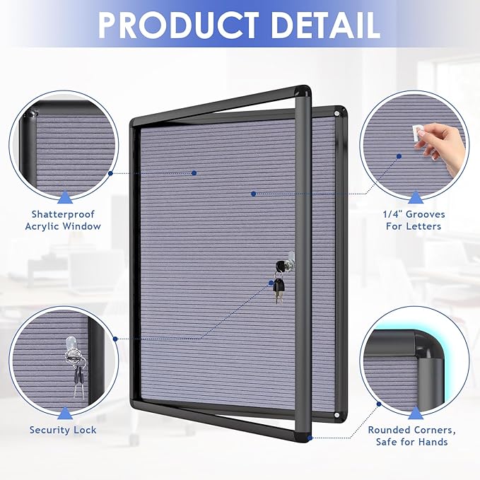 S SWANCROWN Enclosed Bulletin Board with Locking Door 26x20 in, Lockable Felt Letter Board Sign Tamperproof Message Board for Office School Home, Black Aluminum Frame, Grey