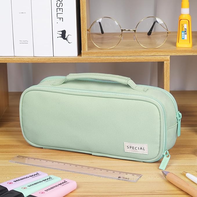 MAMUNU Pencil Case Large Capacity with 3 Compartments, Pencil Case Pouch Bag with Zipper Handle Portable Pen Stationery Organizer for Teen Girls Boys Adults College School Office Travel, Green