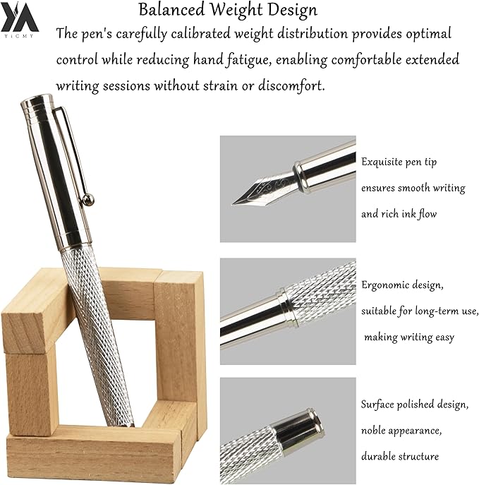 Fancy Fountain Pen Set – Fine & Medium Nibs, Includes 18 Ink Cartridges, Ink Converter, Syringe Filler, Luxury Gift for Writing, Journaling & Calligraphy，Silvery