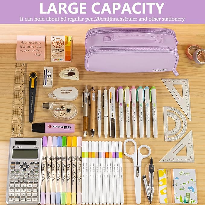 MAMUNU Pencil Case Large Capacity with 3 Compartments, Pencil Case Pouch Bag with Zipper Handle Portable Pen Stationery Organizer for Teen Girls Adults College School Office Travel, Purple