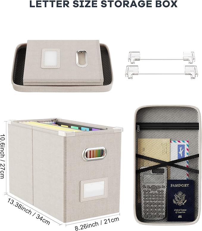Oterri File Organizer Box with Lid, Hanging Filing File Box with Mesh Pocket, Document Organizer Box for Letter Files, Portable Storage Box with Smooth Sliding Rail for Office&Home (1 PCS, Beige)