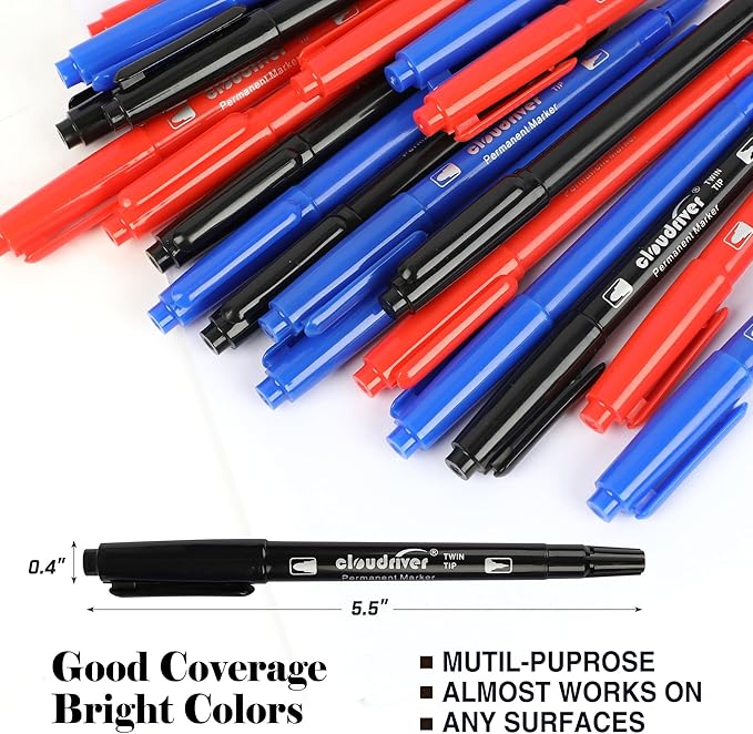 cloudriver Ultra Fine Permanent Markers, 24 Count Twin Tip Permanent Marker Set, 3 Assorted Colors, Ultra Fine Piont And Fine Piont Permanent Marker for Signature And Marking