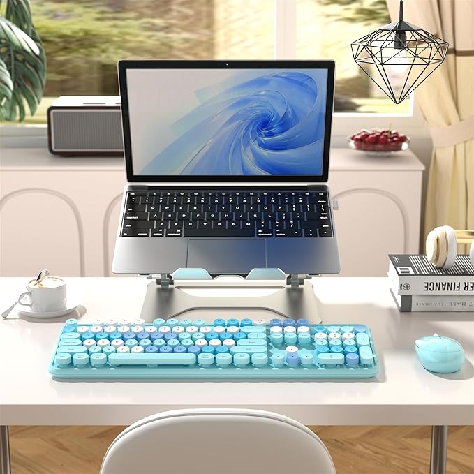 Colorful Wireless Computer Keyboard and Mouse Combo with Round Typewriter Keycaps, Retro Design, Power Switch, Ergonomic Design, 2.4GHz Wireless for Windows, Mac, PC (Blue-Colorful)